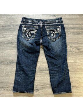 Rock Revival Capri Jeans Womens 32 Blue Johanna Stretch Embroidered Flap Pockets